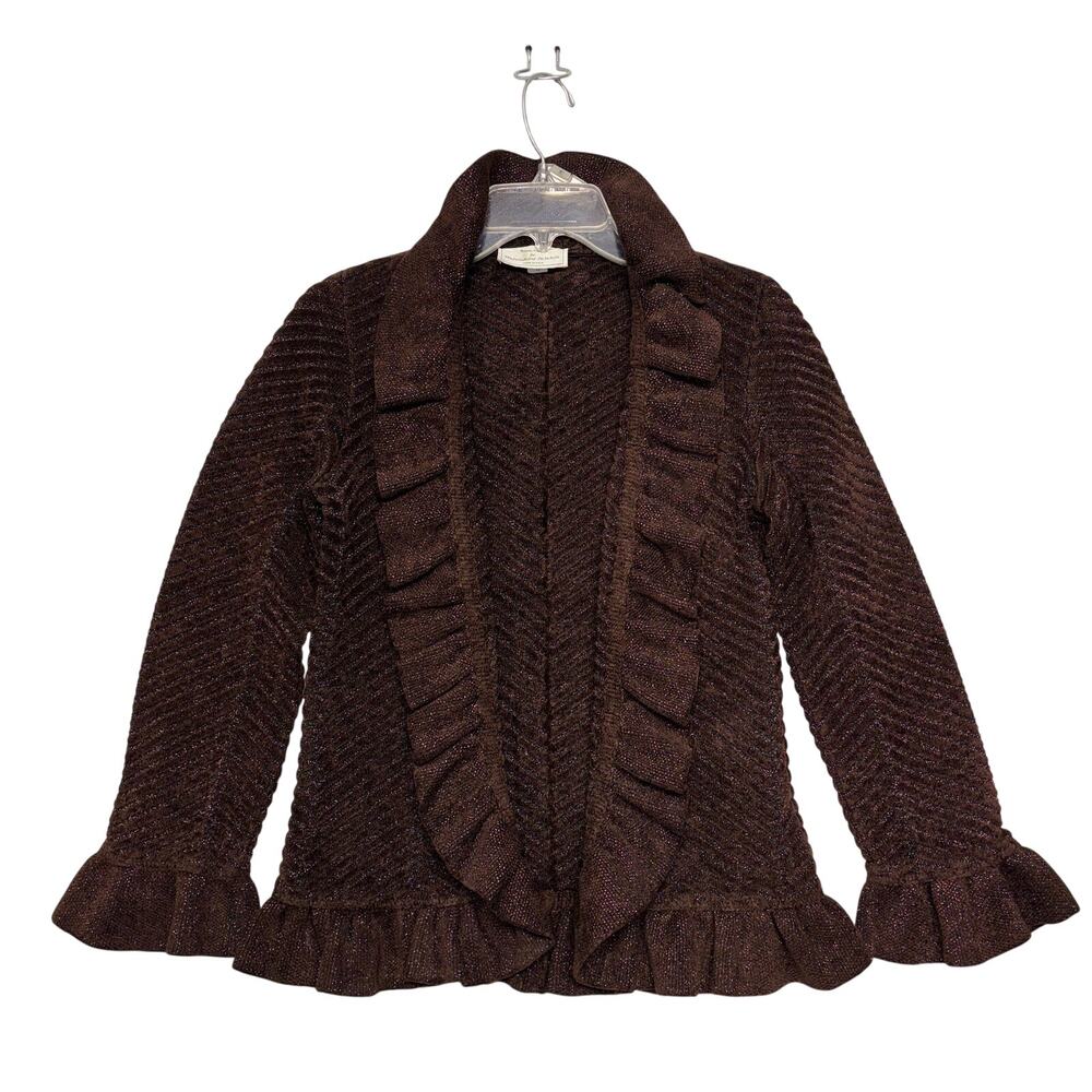 Vintage Brenda French For French Rags Cardigan Small Brown Ruffles Shimmer USA